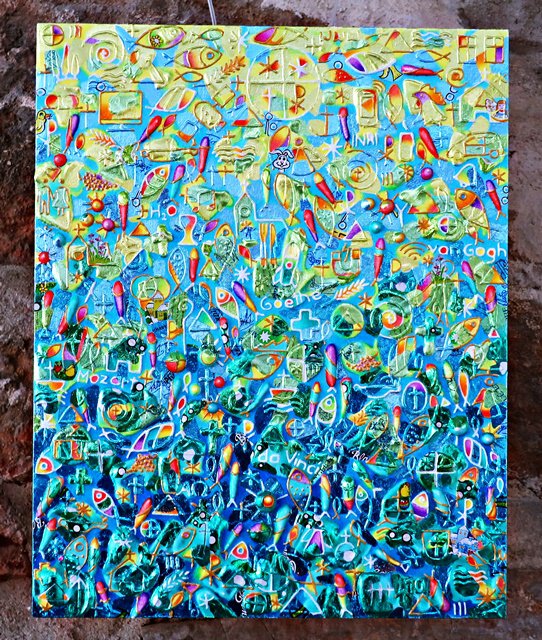 Immerwährend (Pralinenpapier, Buntstift auf Holz)